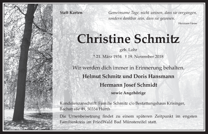  Traueranzeige für Christine Schmitz vom 28.11.2018 aus  Wochenende 