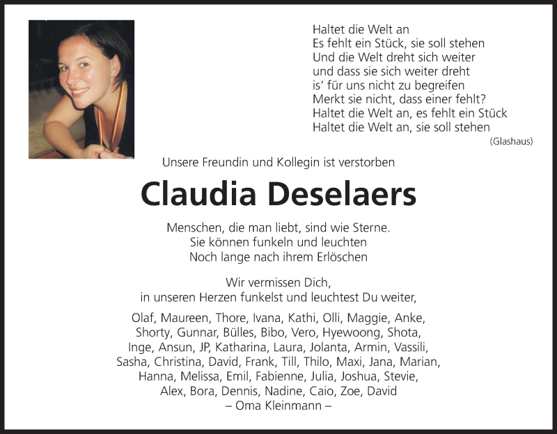  Traueranzeige für Claudia Deselaers vom 10.11.2018 aus Kölner Stadt-Anzeiger / Kölnische Rundschau / Express