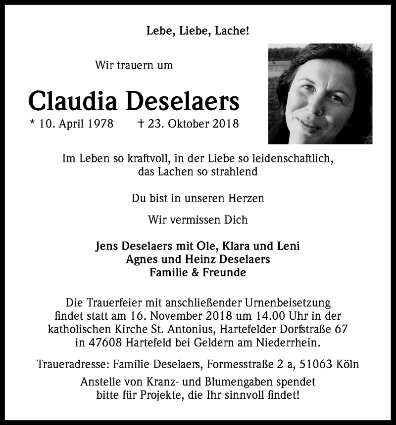  Traueranzeige für Claudia Deselaers vom 10.11.2018 aus Kölner Stadt-Anzeiger / Kölnische Rundschau / Express