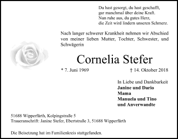 Anzeige von Cornelia Stefer von Kölner Stadt-Anzeiger / Kölnische Rundschau / Express