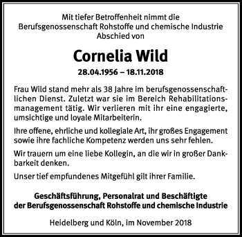 Anzeige von Cornelia Wild von Kölner Stadt-Anzeiger / Kölnische Rundschau / Express