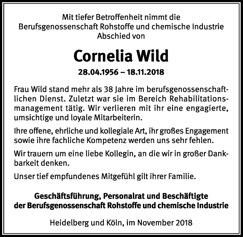  Traueranzeige für Cornelia Wild vom 01.12.2018 aus Kölner Stadt-Anzeiger / Kölnische Rundschau / Express