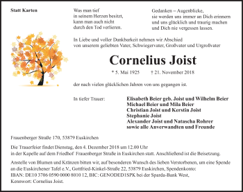 Anzeige von Cornelius Joist von Kölner Stadt-Anzeiger / Kölnische Rundschau / Express