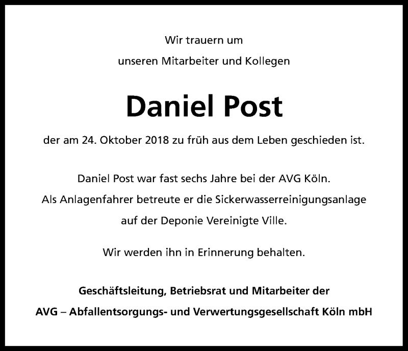  Traueranzeige für Daniel Post vom 10.11.2018 aus Kölner Stadt-Anzeiger / Kölnische Rundschau / Express