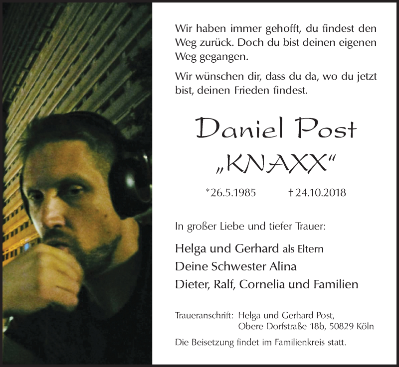  Traueranzeige für Daniel Post vom 03.11.2018 aus Kölner Stadt-Anzeiger / Kölnische Rundschau / Express