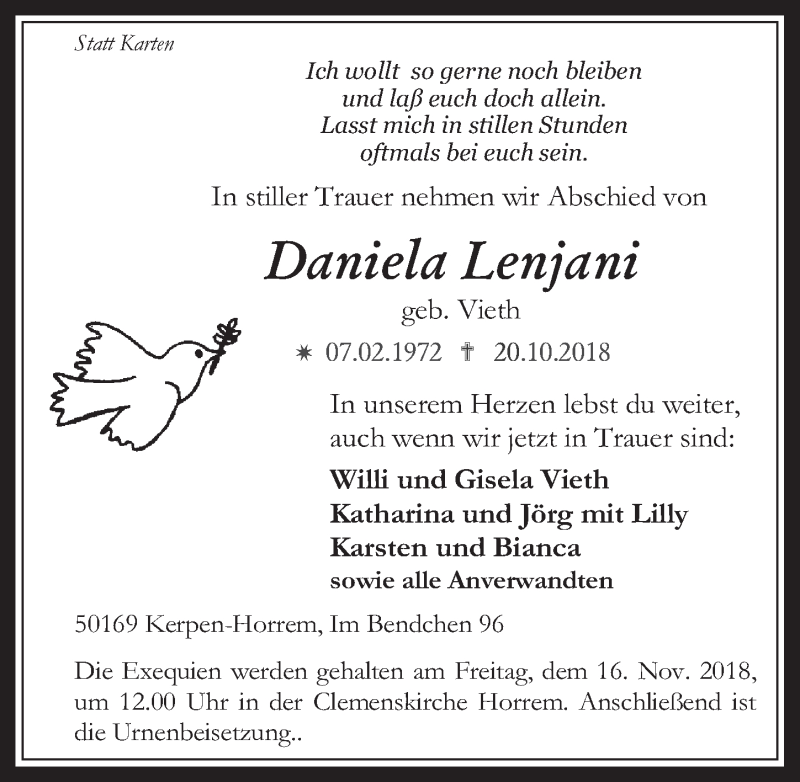  Traueranzeige für Daniela Lenjani vom 07.11.2018 aus  Werbepost 