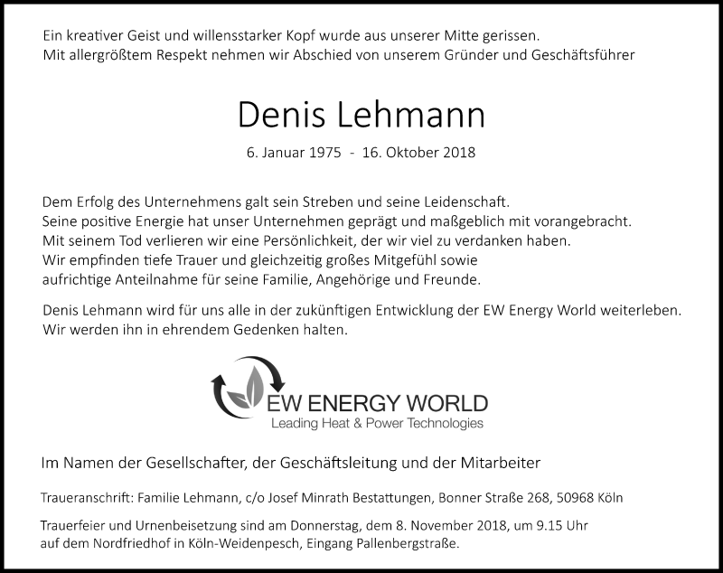  Traueranzeige für Denis Lehmann vom 03.11.2018 aus Kölner Stadt-Anzeiger / Kölnische Rundschau / Express