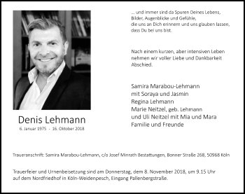 Anzeige von Denis Lehmann von Kölner Stadt-Anzeiger / Kölnische Rundschau / Express