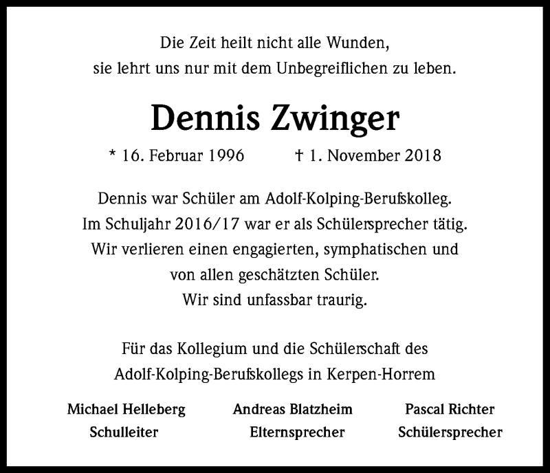  Traueranzeige für Dennis Zwinger vom 09.11.2018 aus Kölner Stadt-Anzeiger / Kölnische Rundschau / Express