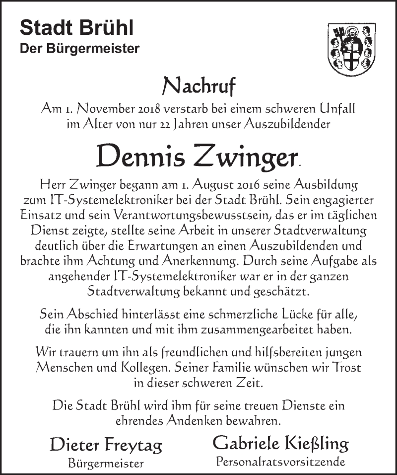  Traueranzeige für Dennis Zwinger vom 14.11.2018 aus  Schlossbote/Werbekurier 