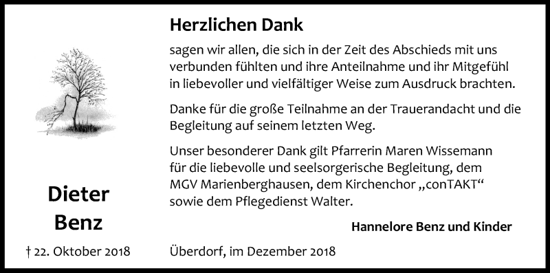  Traueranzeige für Dieter Benz vom 01.12.2018 aus Kölner Stadt-Anzeiger / Kölnische Rundschau / Express