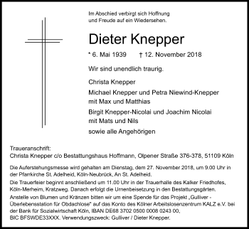 Anzeige von Dieter Knepper von Kölner Stadt-Anzeiger / Kölnische Rundschau / Express