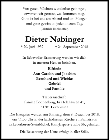 Anzeige von Dieter Nabinger von Kölner Stadt-Anzeiger / Kölnische Rundschau / Express