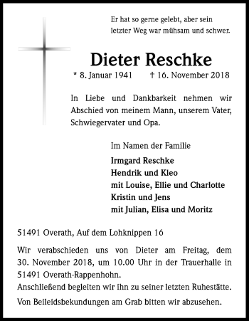 Anzeige von Dieter Reschke von Kölner Stadt-Anzeiger / Kölnische Rundschau / Express