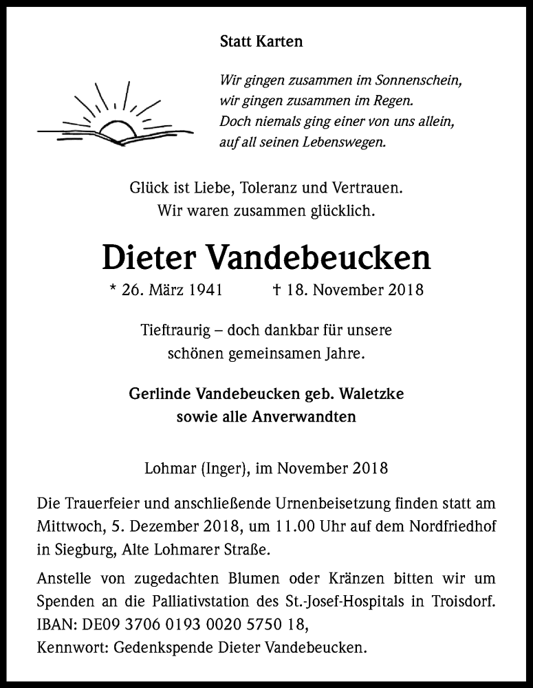  Traueranzeige für Dieter Vandebeucken vom 28.11.2018 aus Kölner Stadt-Anzeiger / Kölnische Rundschau / Express