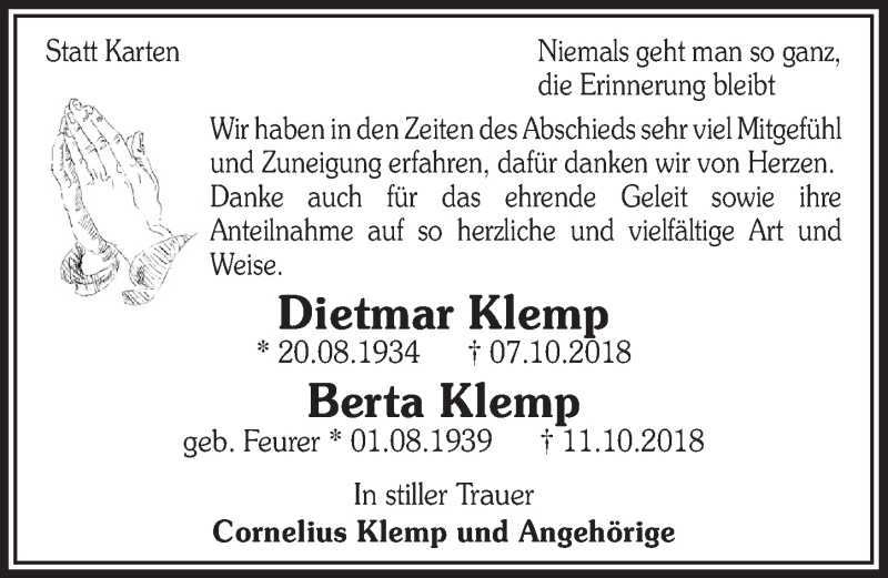  Traueranzeige für Dietmar Klemp vom 21.11.2018 aus  Schaufenster/Blickpunkt 