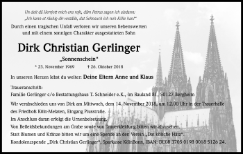 Anzeige von Dirk Christian Gerlinger von Kölner Stadt-Anzeiger / Kölnische Rundschau / Express
