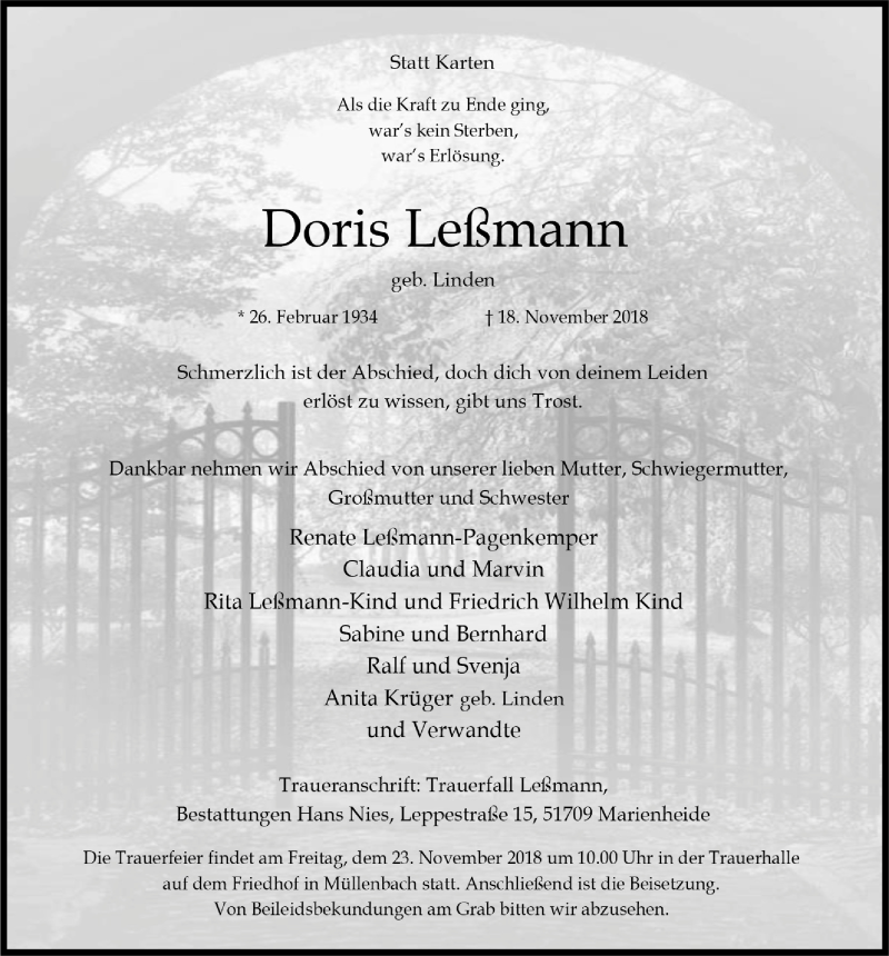  Traueranzeige für Doris Leßmann vom 21.11.2018 aus  Anzeigen Echo 