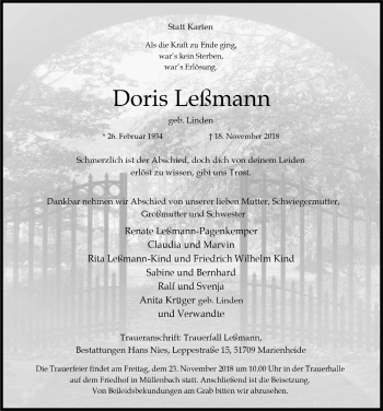 Anzeige von Doris Leßmann von  Anzeigen Echo 