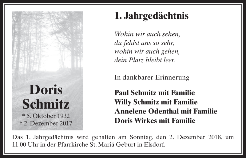  Traueranzeige für Doris Schmitz vom 28.11.2018 aus  Werbepost 