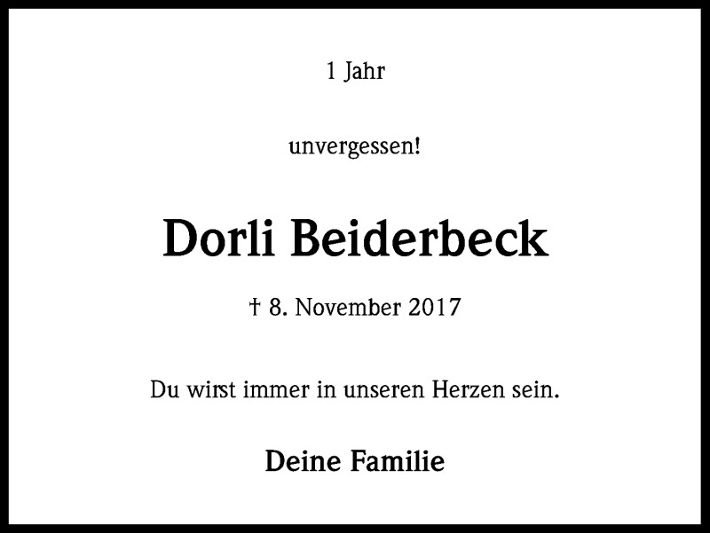 Traueranzeige für Dorli Beiderbeck vom 08.11.2018 aus Kölner Stadt-Anzeiger / Kölnische Rundschau / Express