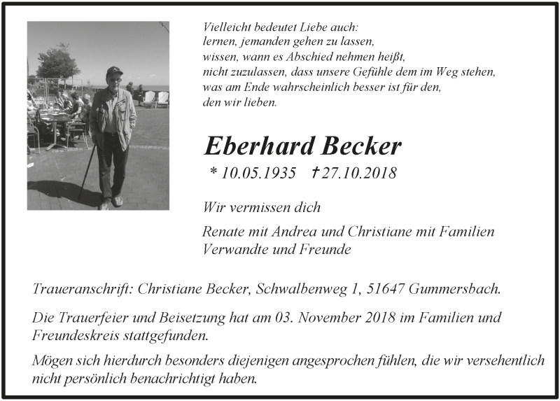  Traueranzeige für Eberhard Becker vom 07.11.2018 aus  Anzeigen Echo 