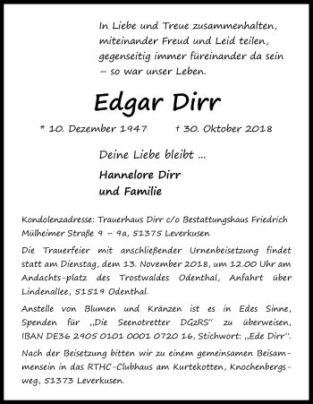 Anzeige von Edgar Dirr von Kölner Stadt-Anzeiger / Kölnische Rundschau / Express
