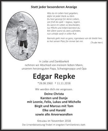Anzeige von Edgar Repke von  Werbepost 