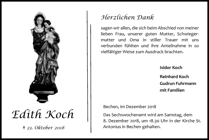  Traueranzeige für Edith Koch vom 01.12.2018 aus Kölner Stadt-Anzeiger / Kölnische Rundschau / Express