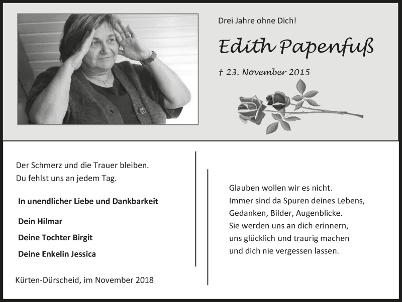  Traueranzeige für Edith Papenfuß vom 28.11.2018 aus  Bergisches Handelsblatt 