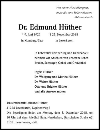 Anzeige von Edmund Hüther von Kölner Stadt-Anzeiger / Kölnische Rundschau / Express