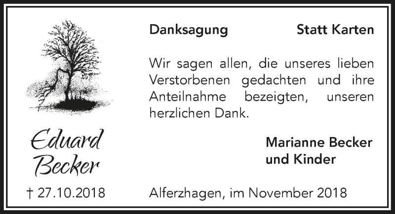  Traueranzeige für Eduard Becker vom 21.11.2018 aus  Anzeigen Echo 