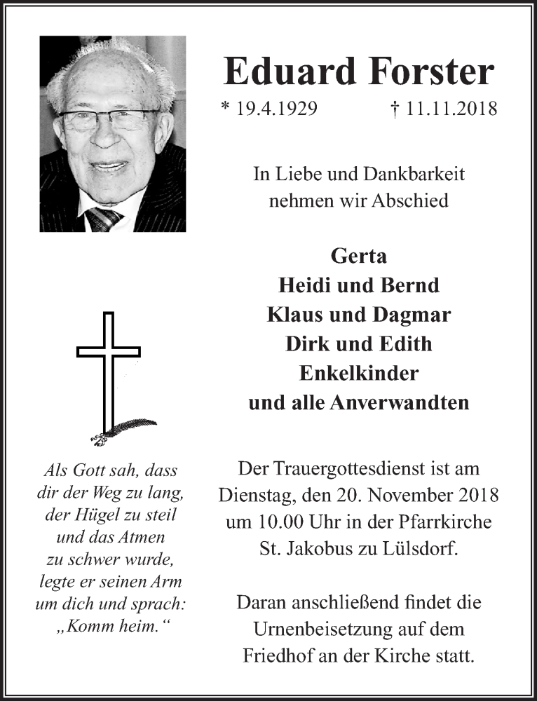  Traueranzeige für Eduard Forster vom 14.11.2018 aus  Extra Blatt 