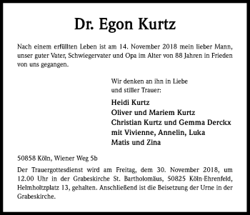 Anzeige von Egon Kurtz von Kölner Stadt-Anzeiger / Kölnische Rundschau / Express