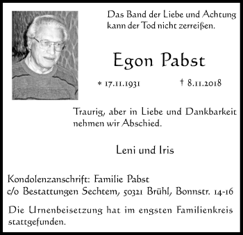 Anzeige von Egon Pabst von Kölner Stadt-Anzeiger / Kölnische Rundschau / Express