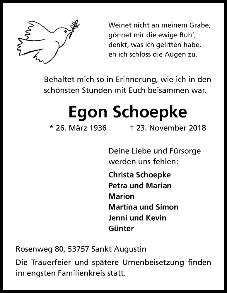  Traueranzeige für Egon Schoepke vom 27.11.2018 aus Kölner Stadt-Anzeiger / Kölnische Rundschau / Express