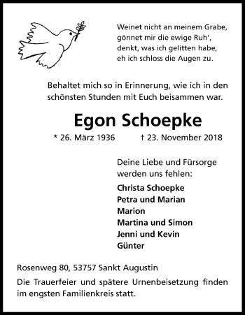 Anzeige von Egon Schoepke von Kölner Stadt-Anzeiger / Kölnische Rundschau / Express
