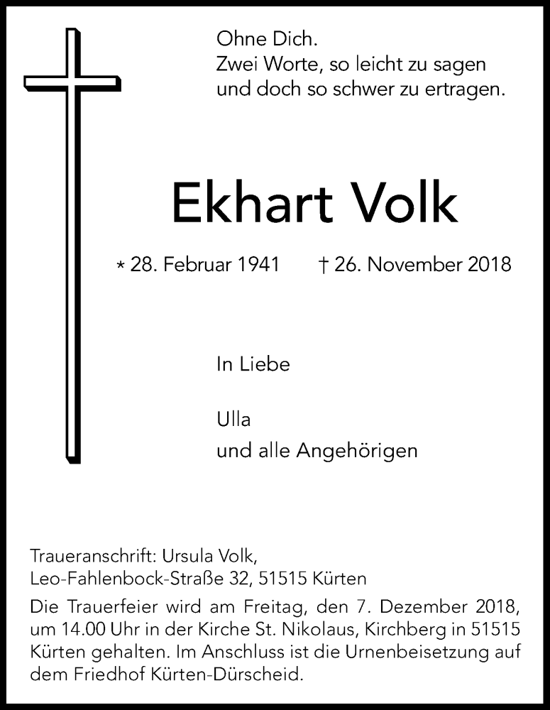  Traueranzeige für Ekhart Volk vom 01.12.2018 aus Kölner Stadt-Anzeiger / Kölnische Rundschau / Express