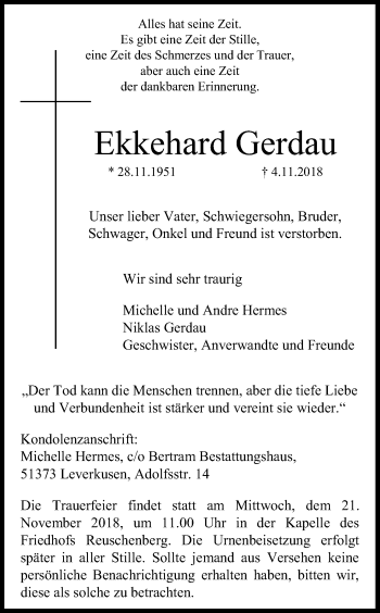 Anzeige von Ekkehard Gerdau von Kölner Stadt-Anzeiger / Kölnische Rundschau / Express