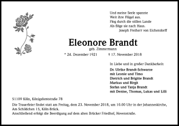 Anzeige von Eleonore Brandt von Kölner Stadt-Anzeiger / Kölnische Rundschau / Express