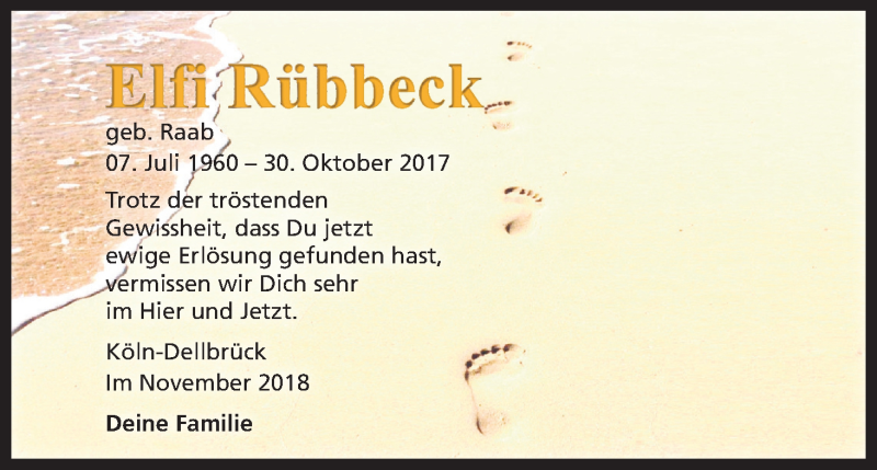  Traueranzeige für Elfi Rübbeck vom 03.11.2018 aus Kölner Stadt-Anzeiger / Kölnische Rundschau / Express