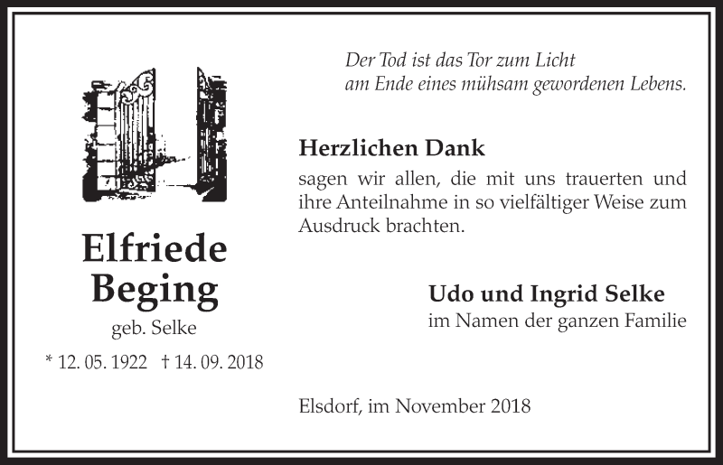 Traueranzeige für Elfriede Beging vom 24.11.2018 aus  Sonntags-Post 