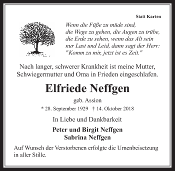 Anzeige von Elfriede Neffgen von  Wochenende 