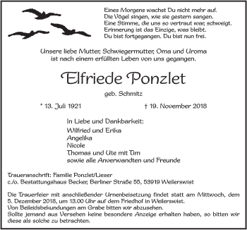 Anzeige von Elfriede Ponzlet von  Blickpunkt Euskirchen 