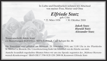 Anzeige von Elfriede Statz von  Werbepost 