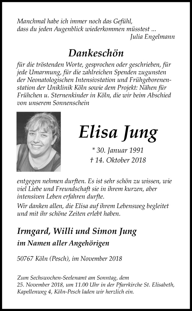  Traueranzeige für Elisa Jung vom 17.11.2018 aus Kölner Stadt-Anzeiger / Kölnische Rundschau / Express