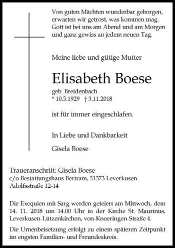 Anzeige von Elisabeth Boese von  Leverkusener Wochenende 