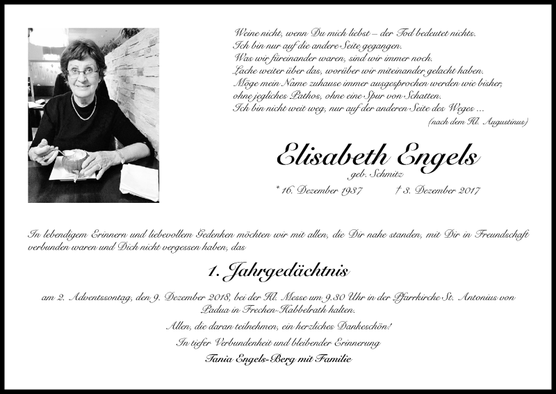  Traueranzeige für Elisabeth Engels vom 01.12.2018 aus Kölner Stadt-Anzeiger / Kölnische Rundschau / Express