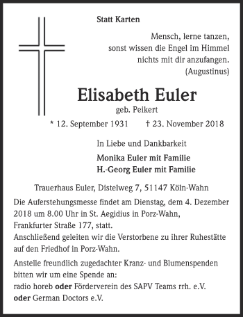 Anzeige von Elisabeth Euler von  Kölner Wochenspiegel 