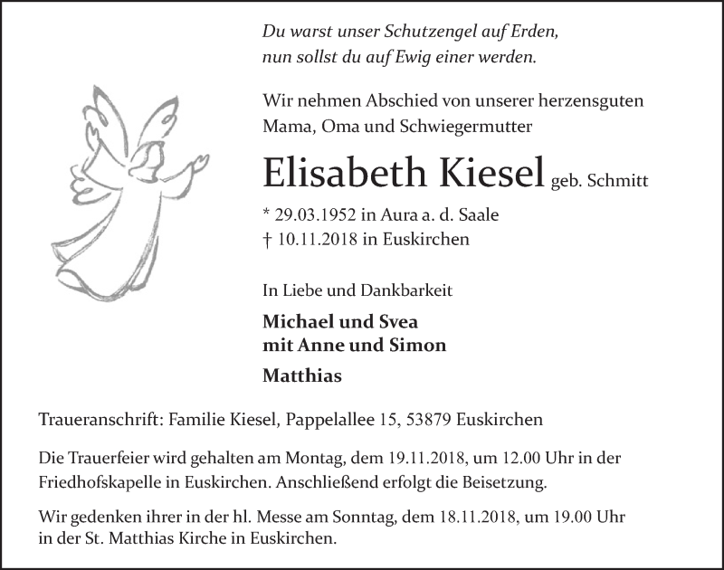  Traueranzeige für Elisabeth Kiesel vom 17.11.2018 aus  Blickpunkt Euskirchen 